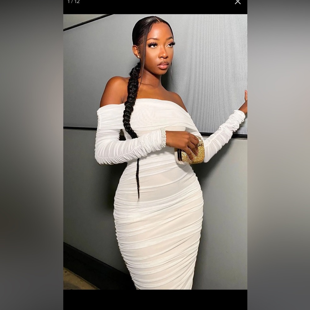 FASHION NOVA 
Ready In A Ruched Off Shoulder Midi Dress - White / WORN ONCE